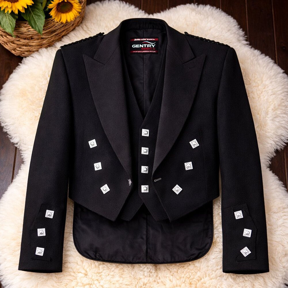 Mens Prince Charlie Scottish Bagpipe Jacket & Waistcoat Vest Black Formal Wear